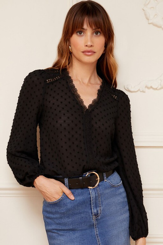 Блузка из ткани добби с длинными рукавами с V-образным вырезом и кружевной отделкой Love & Roses, черный