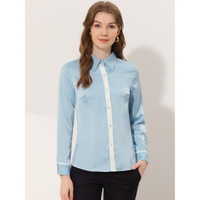 Женская элегантная офисная атласная рубашка на пуговицах с контрастной отделкой ALLEGRA K, светло-синий
