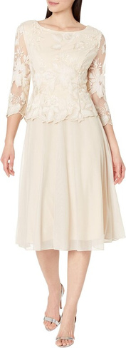 Платье чайной длины с вышивкой, иллюзорными рукавами и пышной юбкой с фестонами Alex Evenings, серо-коричневый