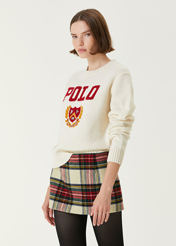 Кремовый шерстяной свитер с круглым вырезом и логотипом Polo Ralph Lauren