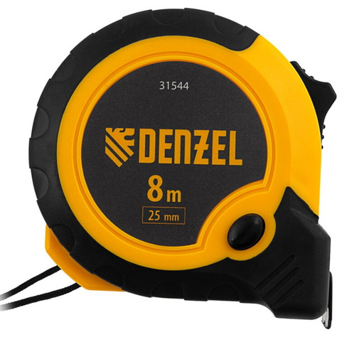 Рулетка DENZEL 31544 8м х 25мм, двухкомп. корпус, кнопка-пауза Denzel