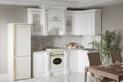 Кухонный гарнитур Венеция угловая 2,40*1,20 Белый Серебро Паладина светлая 38 мм