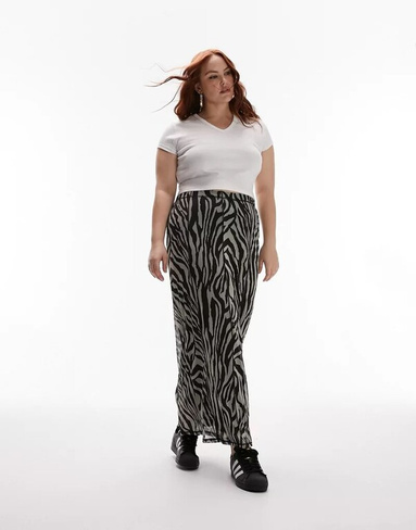Черно-белая юбка макси из джерси и сетки Topshop Curve с зебровым принтом