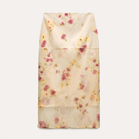Юбка миди Zara ZW Collection Sheer Floral, розовый