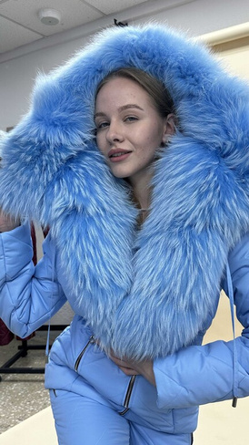 Голубой зимний костюм с мехом финского енота – до -35°C, утеплитель альполюкс - Косынка стеганая