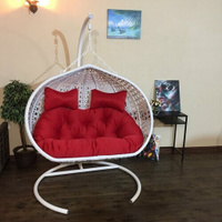 Подвесное кресло Сомбреро кантри на металлической белой стойке с красной подушкой Парус76
