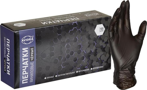 Перчатки хозяйственные Aviora Перчатки виниловые неопудренные черные (50 пар, M)