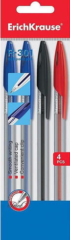 Ручка Erich Krause Набор ручек шариковые 4 штуки R-301 "Orange" 0.7 Stick, синий, черный, красный, зеленый