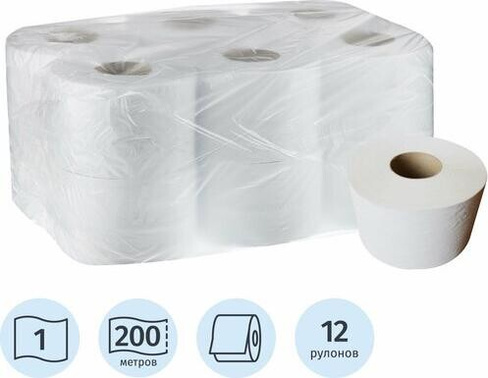 Туалетная бумага Комус Бумага туалетная, 1 слой, 12 рулонов по 200 м