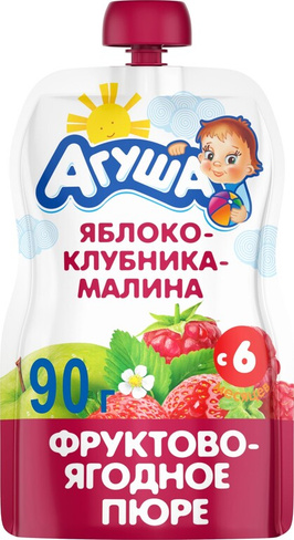 Детское питание Агуша яблоко, клубника-малина, 90 г (детское пюре)